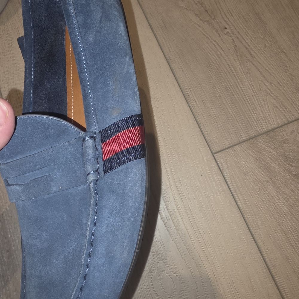 Gucci Navy Suede Loafers with Red Stripe - Picture 3 of 5